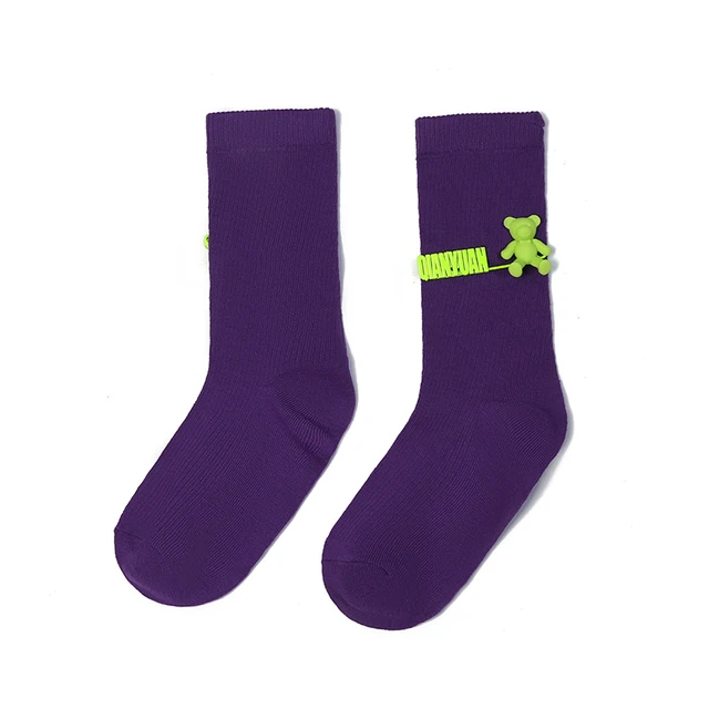 Black and White Pure Color Tube Socks Female Pin Bear Lovely Personality Tide Socks INS Korean Students Long Tube Cotton Socks 16