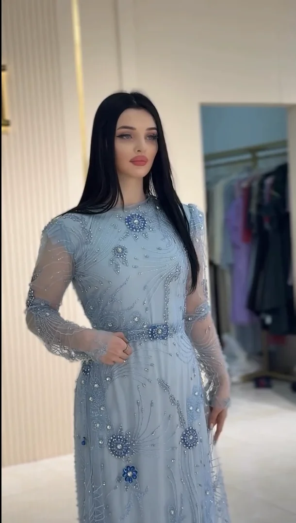 FATAPAESE Fully Crystal Bead fish-scale shaped Dangling Beads Gown Long Sleeve Floor-length Formal Party Maxi Dress