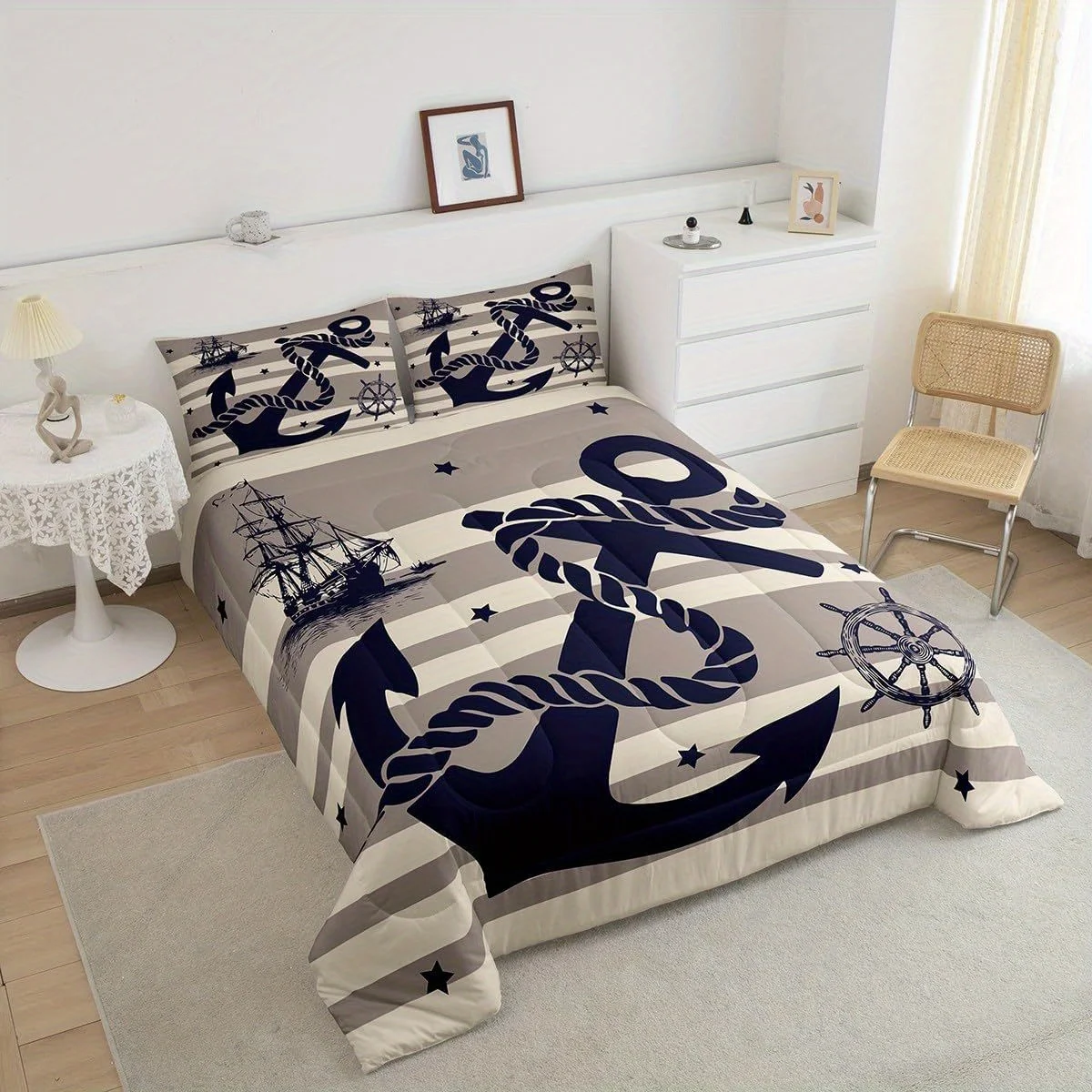 2/3Pcs Nautical Anchor Sailboat Comforter Set, Grey Yellow Ocean Theme Bedding with Pillowcases, All Season Soft Warm Room Decor
