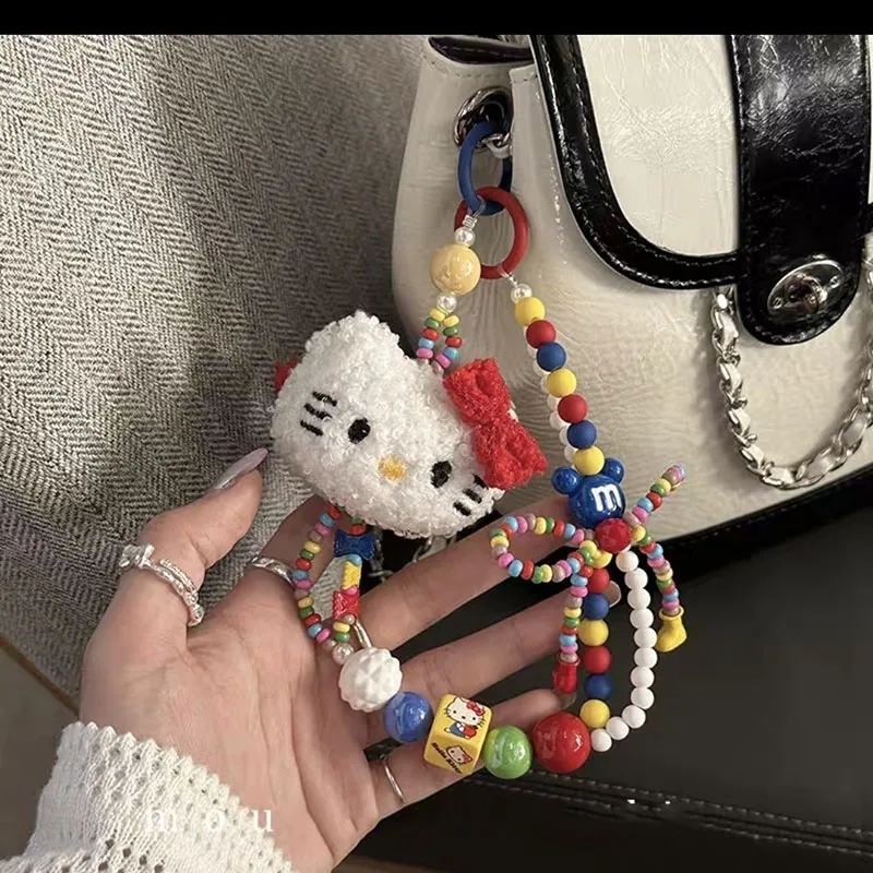 헬로 키티 산리오 귀여운 애니메이션 봉제 고양이 구슬 휴대폰 체인, 귀여운 휴대폰 로프 랜야드, 크리에이티브 펜던트, 어린이 장난감