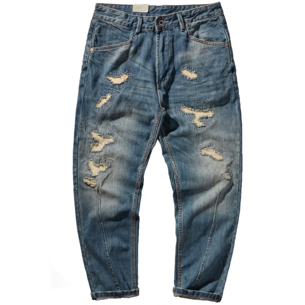 New autumn patch jeans slim straight men's 2022 new American tough guy retro casual pants