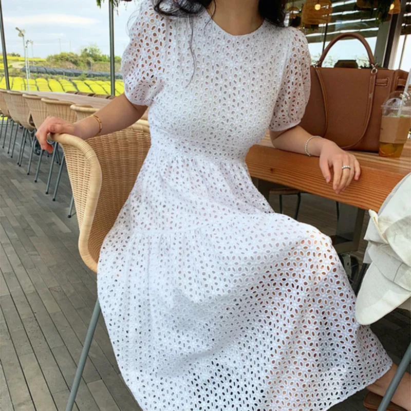 

Fashion Vintage Women Lace Maxi Dress Casual Loose Solid Chic Korean Dresses Female Sweet Elegant Vestidos Summer Flower New