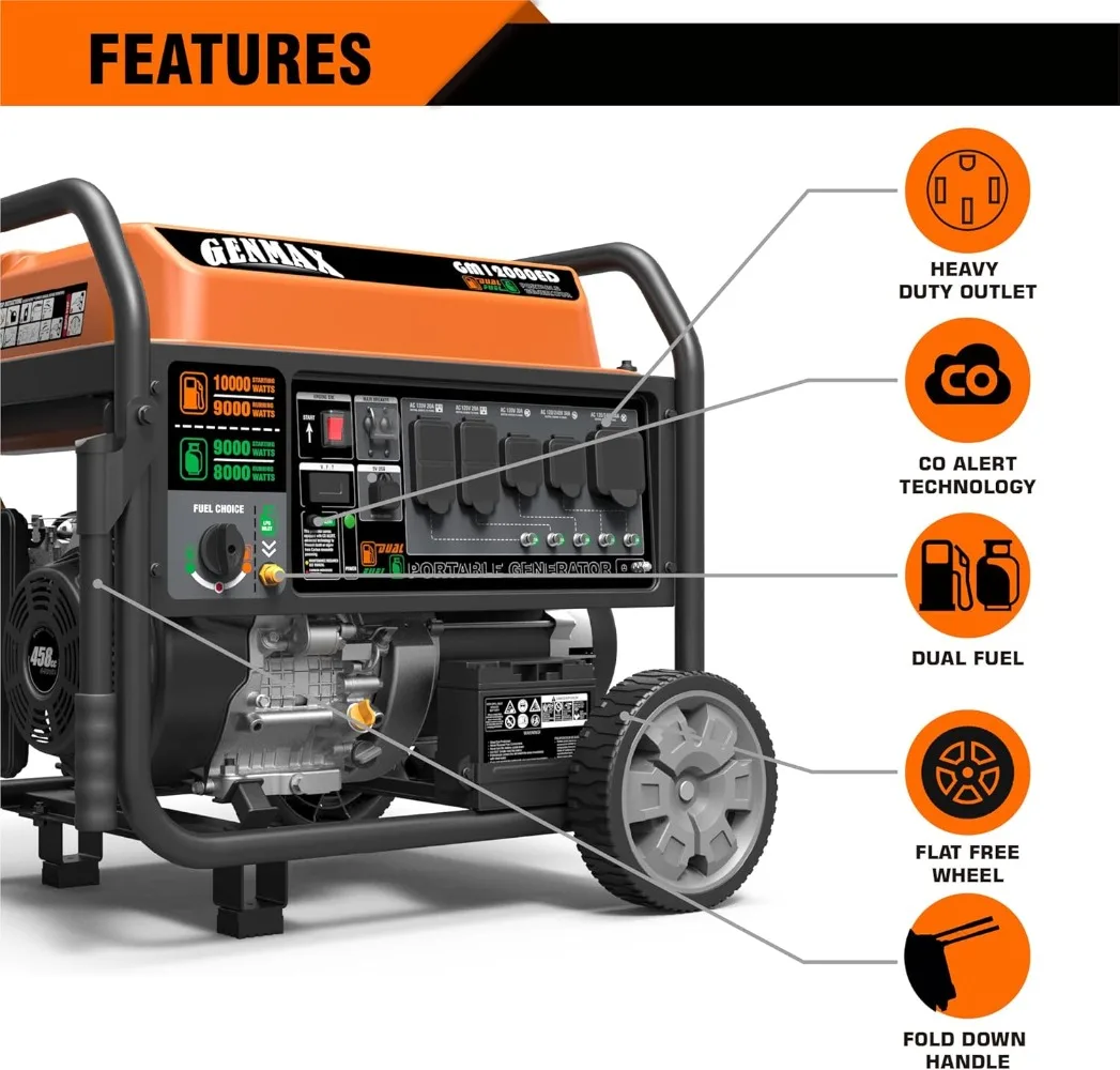 Dual Fuel Portable Generator 12000 Watt Gas or Propane Powered Electric Start-Home Back Up EPA Compliant