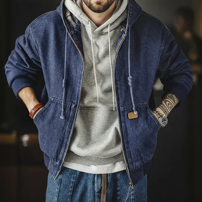 Maden Retro – veste en jean J130 pour hommes, 10.5oz, lourde, délavée, vieillie, à capuche, manteau de travail à fermeture éclair avec grandes poches pour l'automne