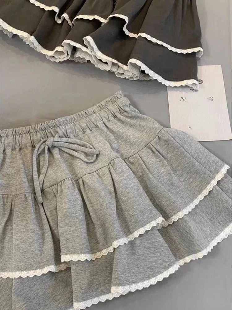 

Grey Kawaii Korean Skirt Women 2024 Elastic Lace Japanese Casual Y2k Skirt Female Strappy College Style Elegant Party Mini Skirt