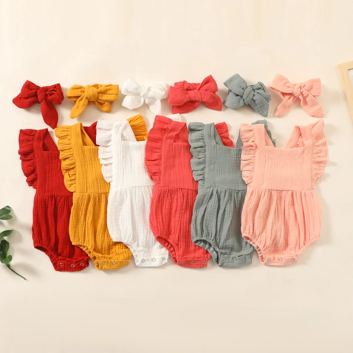 Summer Newborn Infant Baby Girls Romper and Headband Muslin Baby Romper Playsuit Jumpsuit