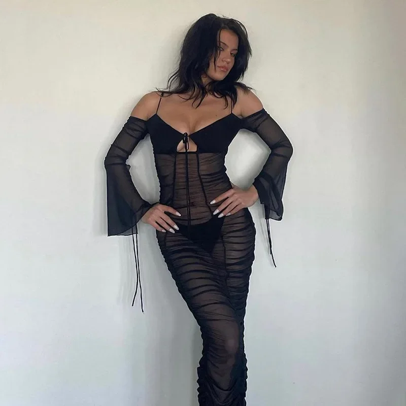 

Meqeiss New Fashion Mesh Ruched See Through Maxi Dress for Women Long Sleeve Tie Front Dresses Party Holiday Outfits Vestido
