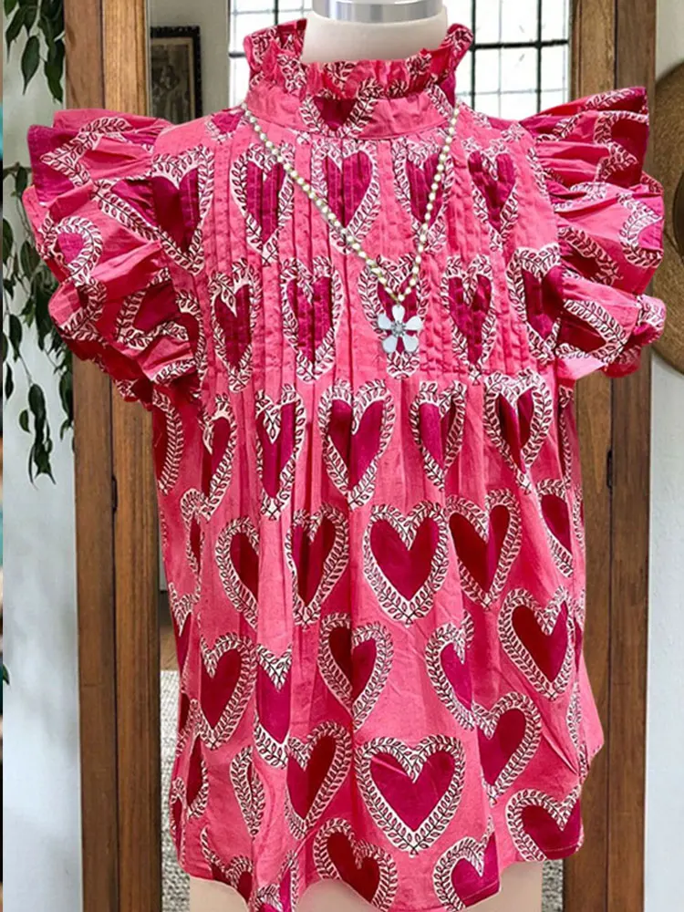 Heart Pleated Ruffle Sleeve Top Valentine's Day Printed Blouse Beautiful Pleated Top O Neck Shirt