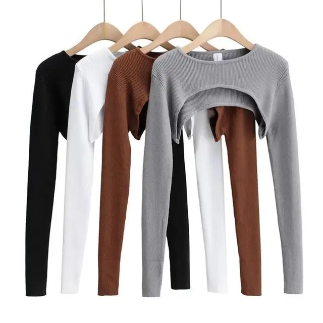Punk Slim Knit Long Sleeve Crop Top Thin Harajuku Cropped Sweaters Pullovers Simple Streetwear Y2k Aesthetic Clothes Lady 2