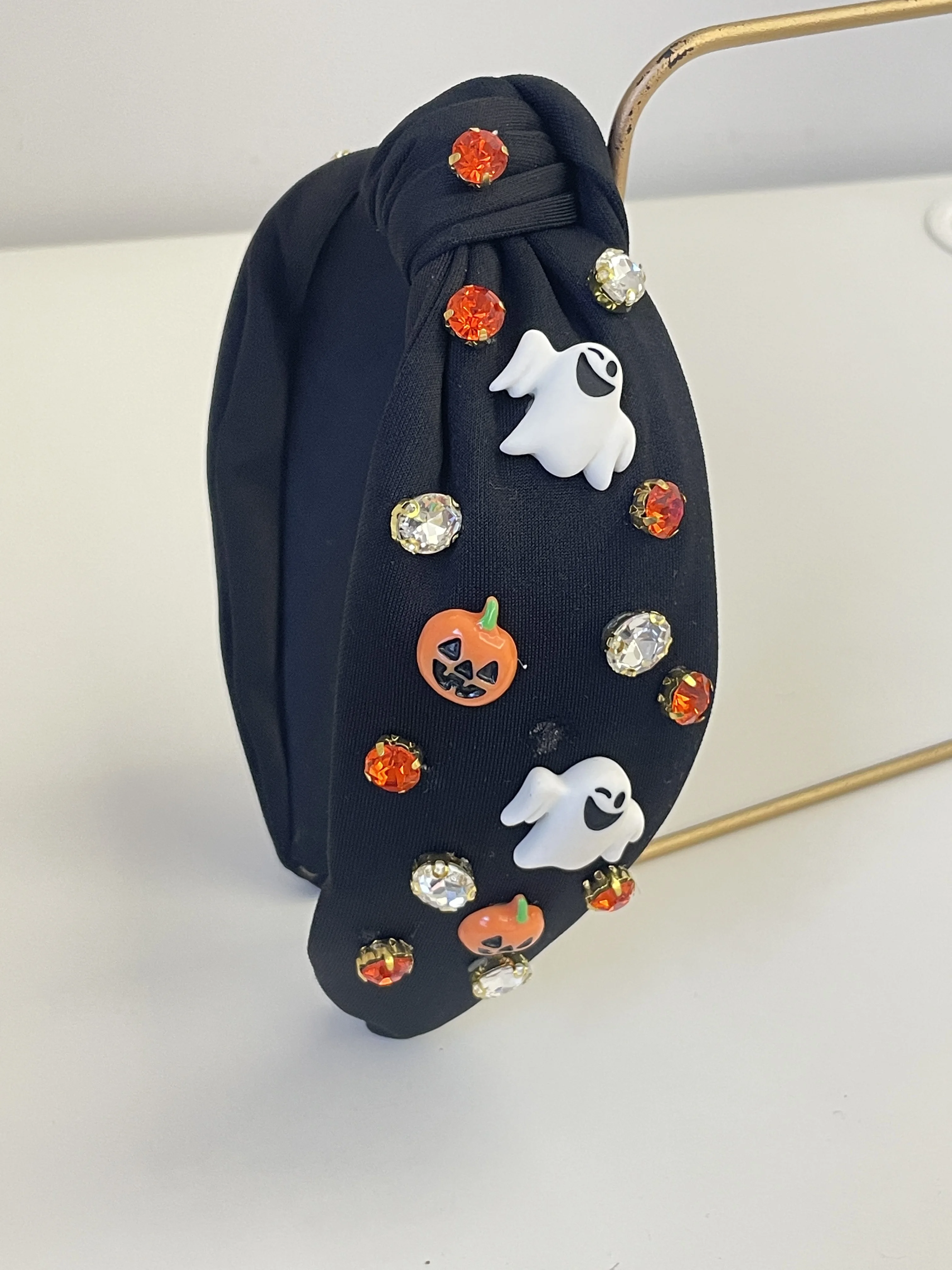 Halloween Stirnband Für Damen Mit Kürbis & Candy Corn – Strass Verziert, Hahnentritt-Knoten