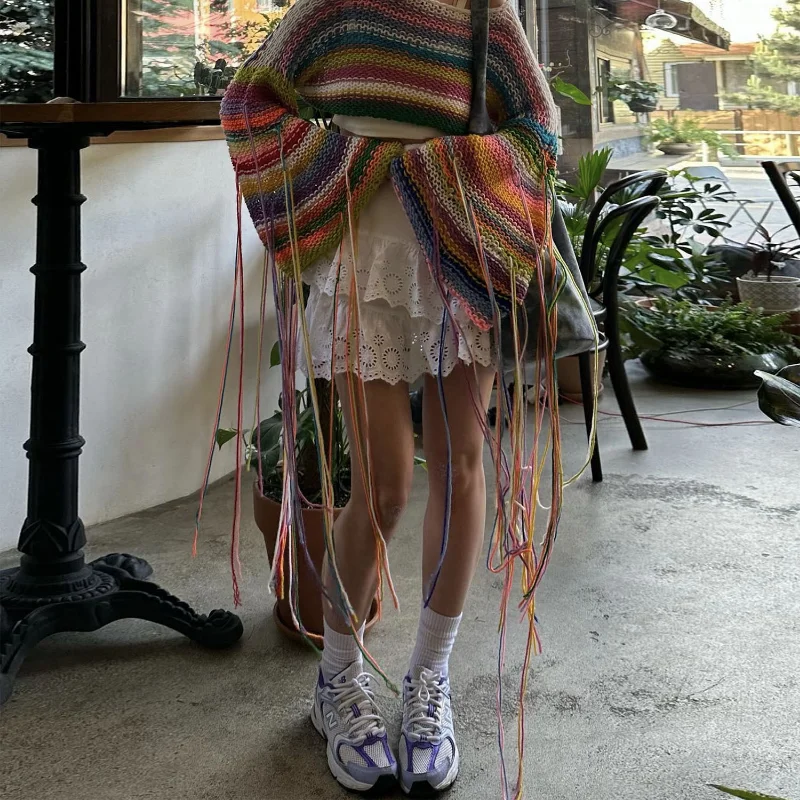 Tassel Contrast Holiday Sweater Pullovers For Women Loose Flared Sleeve Beach Boho Knit Female Cover up Pullover Crop top