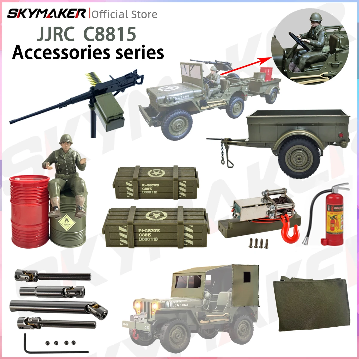 JJRC C8815 Upgrade-Teile, Rc-Auto, 1941, KIP Willis RTR, Militär-LKW, Anhänger, Soldat, Winde, Baldachin, Metall, CVD, Original-Absatz – Detail 1