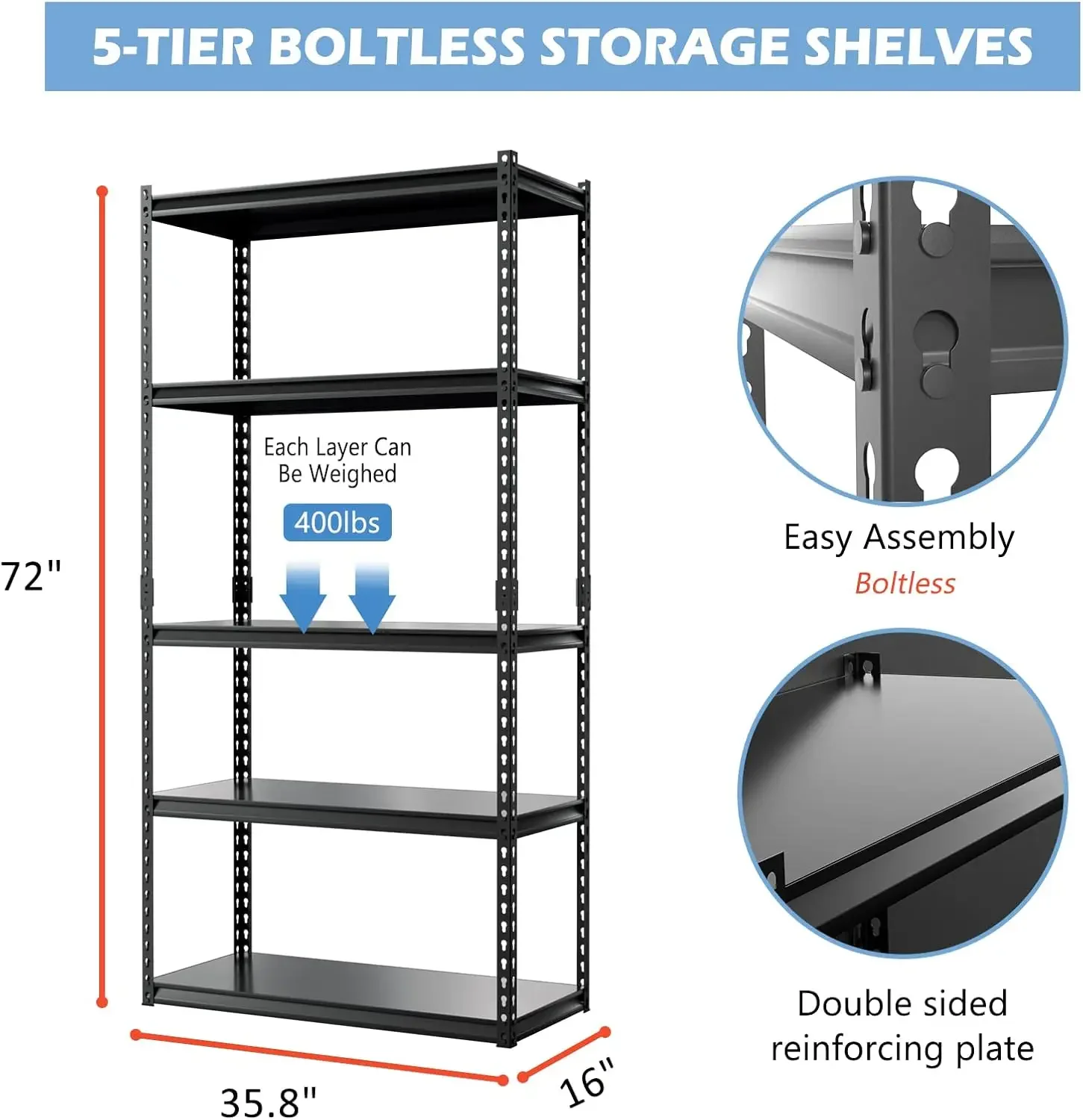 Garage Storage Shelves, 72'' Heavy Duty Metal Utility Rack with Adjustable 5 Tier Shelving for Warehouse Basement Kitchen Living 3