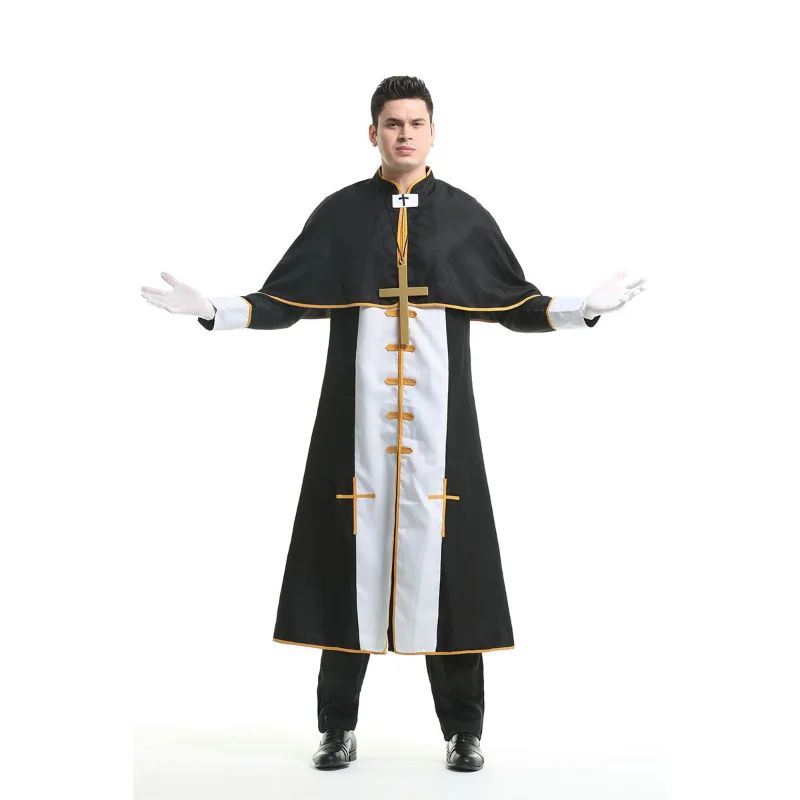 

Men Black Noble Priest Costume Adult Religious Pastor Father Costumes For Halloween Purim Party Clothes