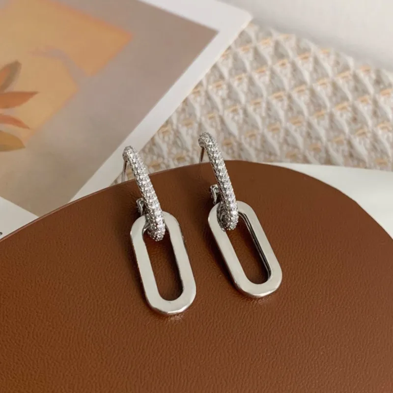 Elegant Micro-inlaid Zircon U-Shaped Hoop Earrings for Women Exquisite Double Buckle Link Earring Temperament Jewelry