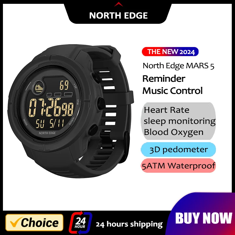 NORTH EDGE MARS 5 smartwatch voor heren digitaal horloge buiten militaire sport LED-horloges waterdicht 50M HR & SpO2 Health Trackr