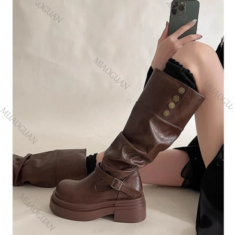 Women's Knee-high Platform Boots Synthetic Leather Motorcycle Style_voghion.com