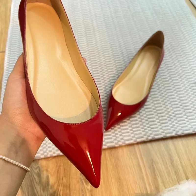 Women's All Sheepskin Flat Shoes 2024 Fashion Summer Pointed Shallow Mouth Open Toe Seam Red Girl Flat Thick Soles Single Shoes
