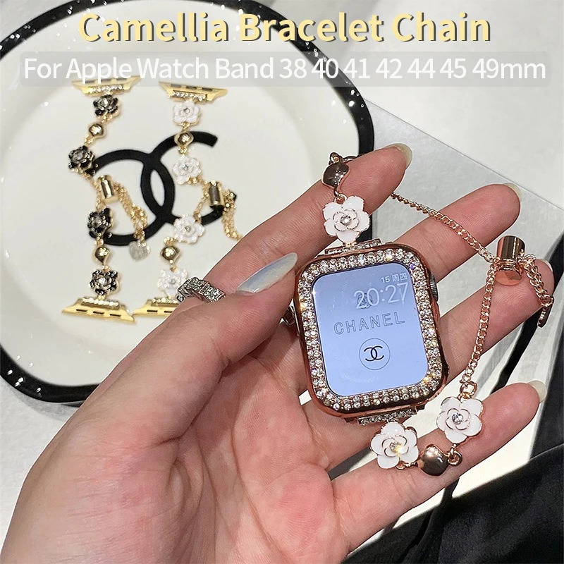 

Camellia Chain Bracelet for Apple Watch Band 40mm 45mm 38 44 41 42 49 Ultra Metal Strap for Iwatch Serie 7 8 6 5 4 3 Accessories