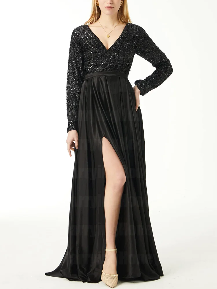 

V Neck Sequin Long Sleeve Prom Dresses for Women Ball Gown Satin High Split Lace Up Back Formal Wedding Dress with Pockets