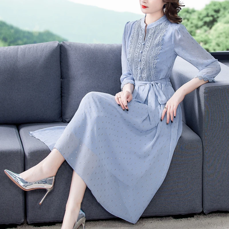

Spring Autumn Vintage Casual Chiffon Midi Dress Women Lace Patchwork Beach Sequins Long Dress 2024 Elegant Bodycon Party Vestido