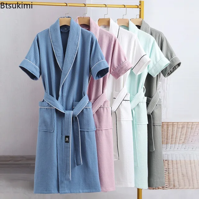 Nouvelles Robes de Chambre en Gaze de Coton Pur pour Couples Été – Peignoirs Fins à Manches Courtes, Robes de Nuit, Tenues d'Intérieur, Couleur Unie, Peignoirs d'Hôtel