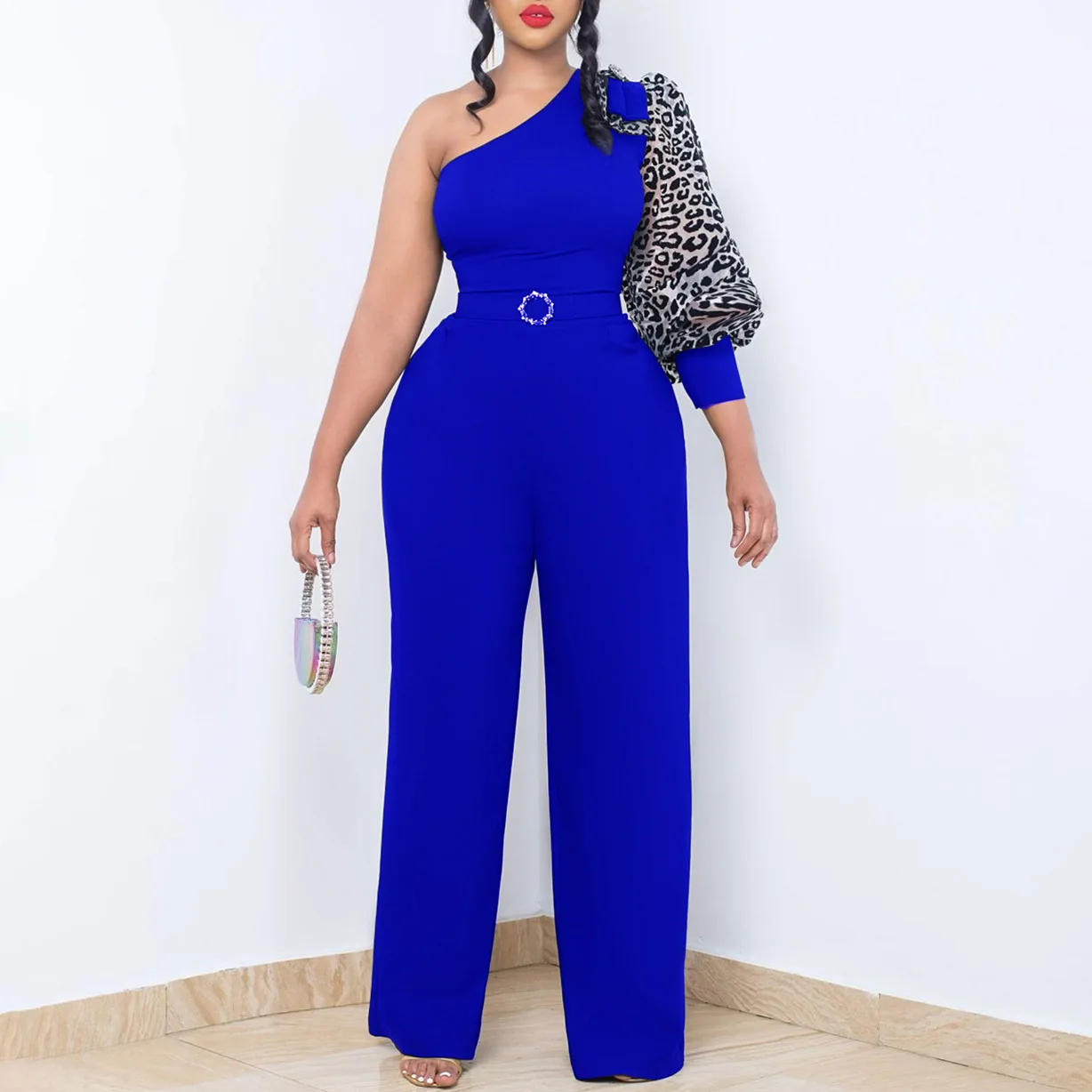 

D405P with belt stand independently foreign trade women's diagonal shoulder sexy waist temperament wide leg plus size Europ