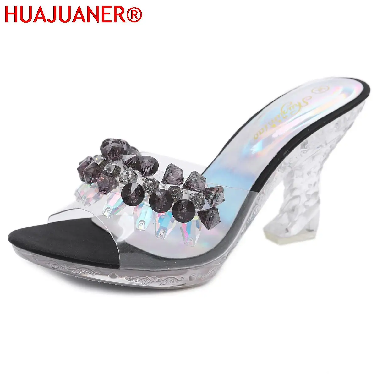 

High Quality Women Shoes Slippers Summer Transparent Crystal Model Catwalk Wedding Shoes High-heeled 9cm Wedges shoes