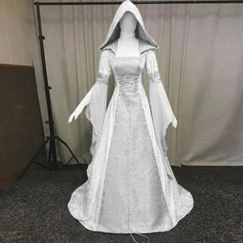 Abito da sposa in stile retrò medievale da donna, abito in vita con cappuccio a 8 colori, cosplay