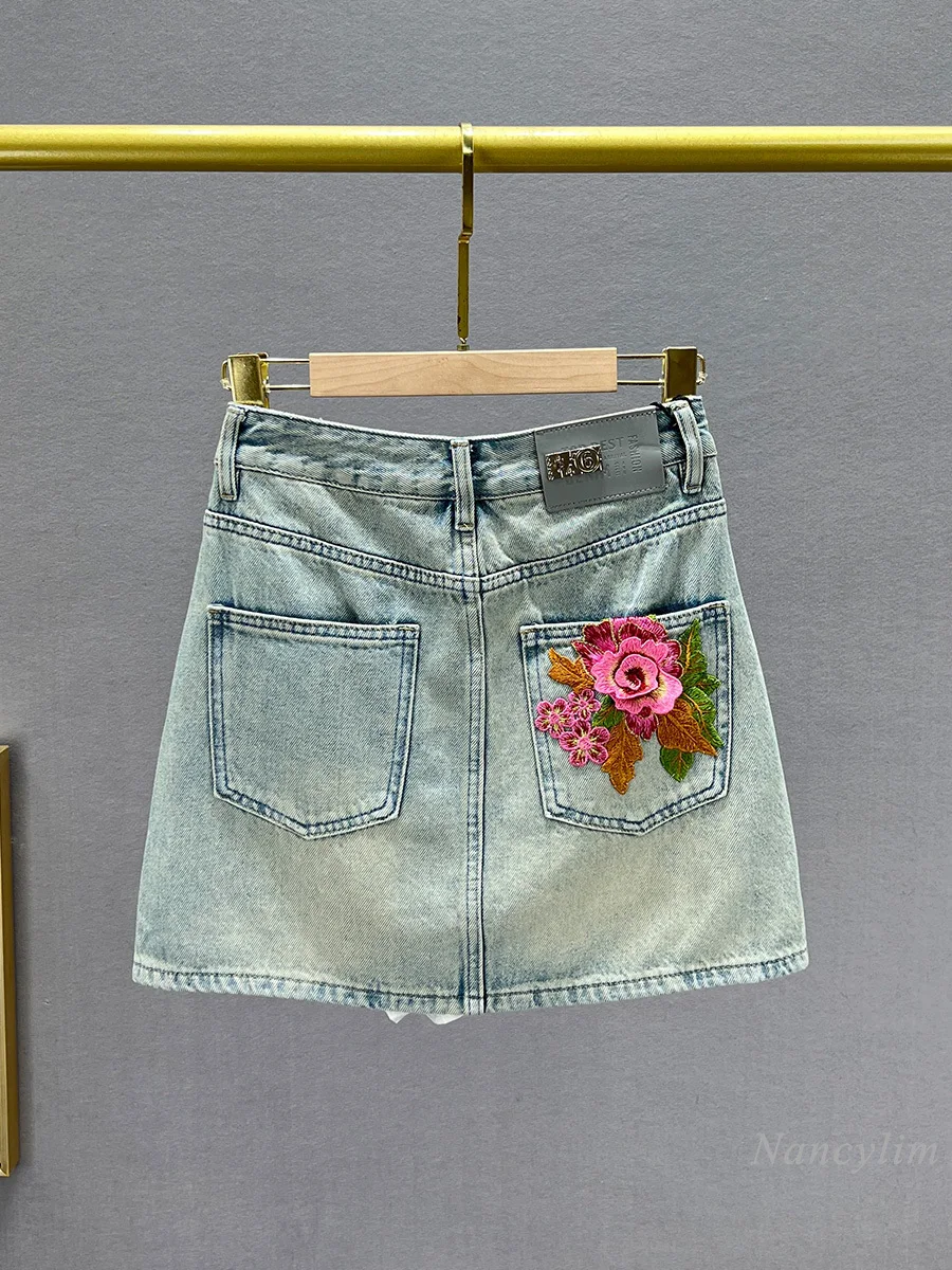Ethnic Style Embroidered Denim Skirt Women's 2024 New Summer High Waist Slim Fit Slimming A- Line Skirt Fashion Streetwear