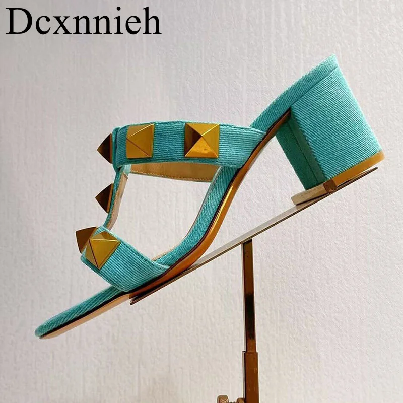 

Summer New Canvas One Strap Chunky Heel Slippers Women's Rivet Decoration High Heels Sandals Summer Outdoor Party Dress Shoes