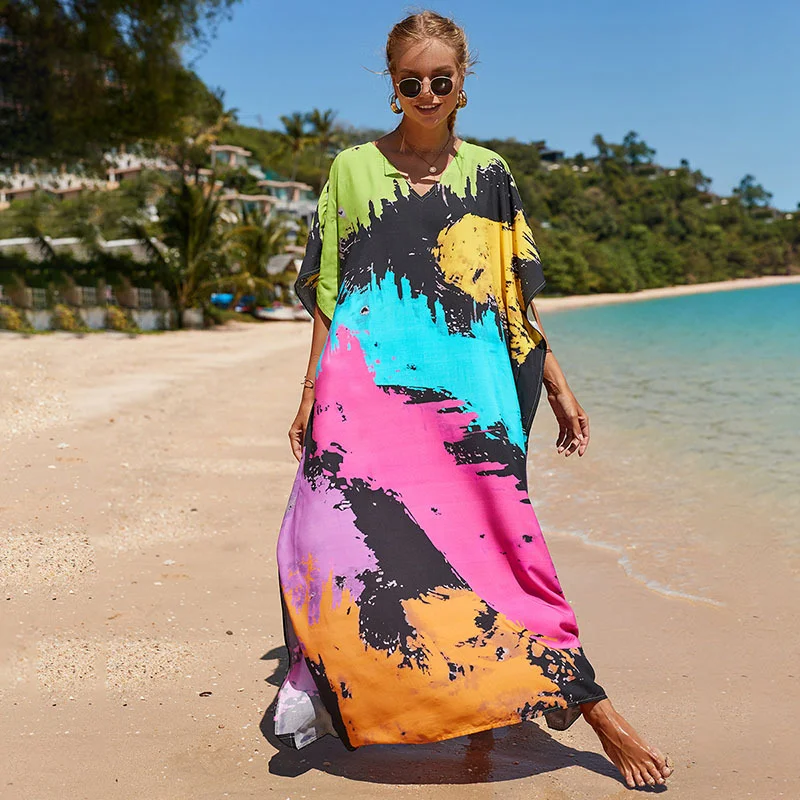 2023 Boho Fashion Print Women's Swimsuit Cover Up Summer Outing Sexy Bikini Wrap Beach Dress Beachwear Kimono Pareo Kaftan