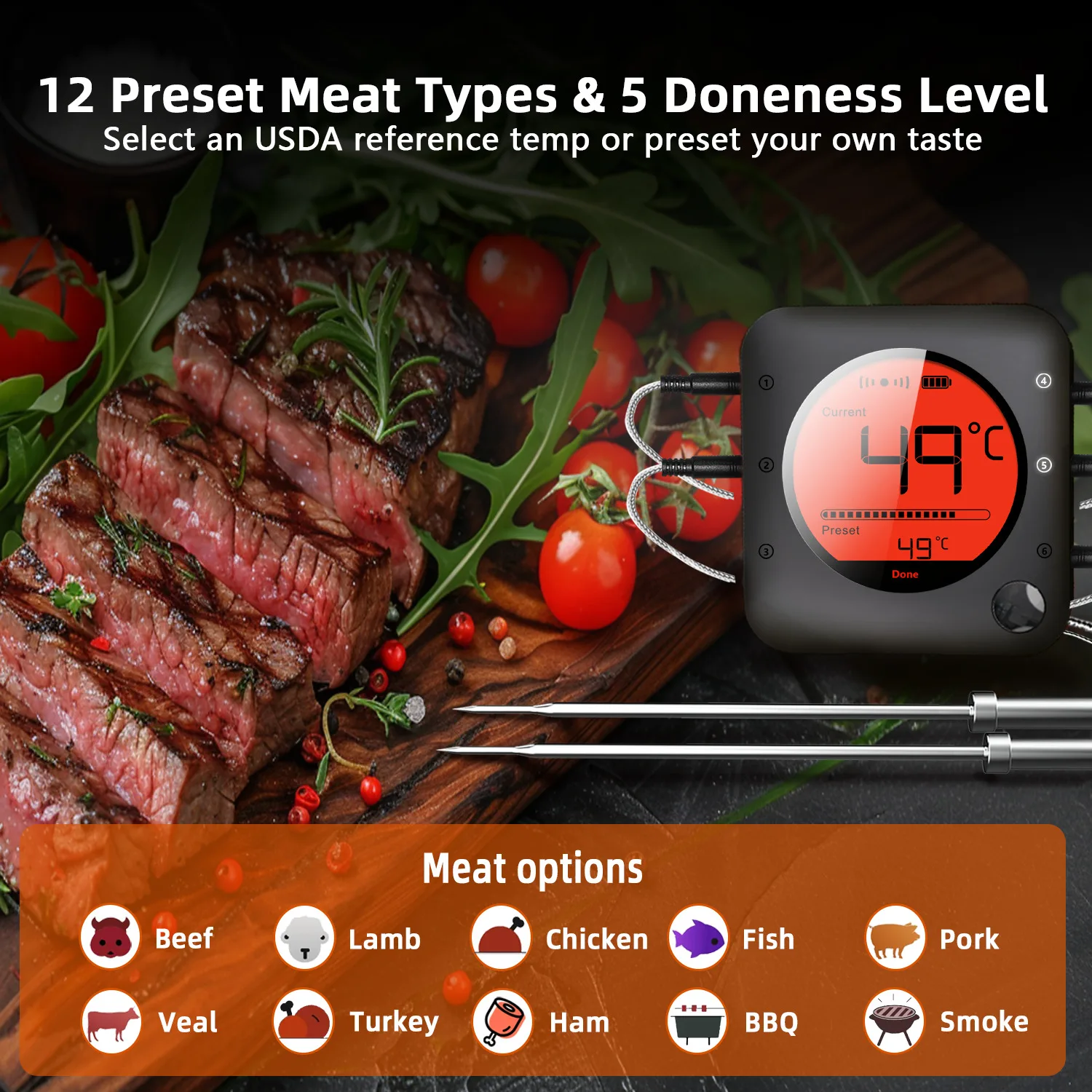 Bluetooth Digital Meat Thermometer Support 6 Probe for Smoker Cooking Grill Oven Candy