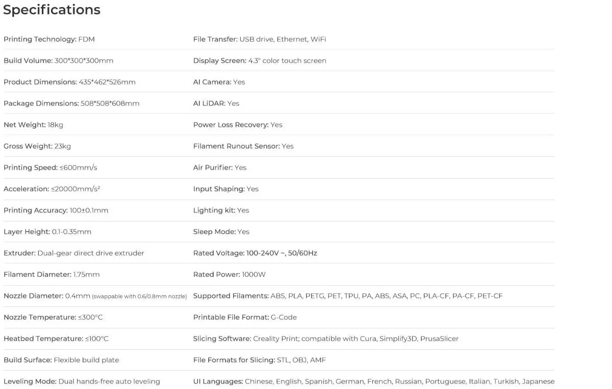 S0b9dfa99bb314a58a63b6b8adb2295bbo Creality Official K1 Max drukarka 3D 600 mm/s prędkość drukowania dwubiegowa wytłaczarka z napędem bezpośrednim EU/US/UK wtyczka K1 Max drukarka