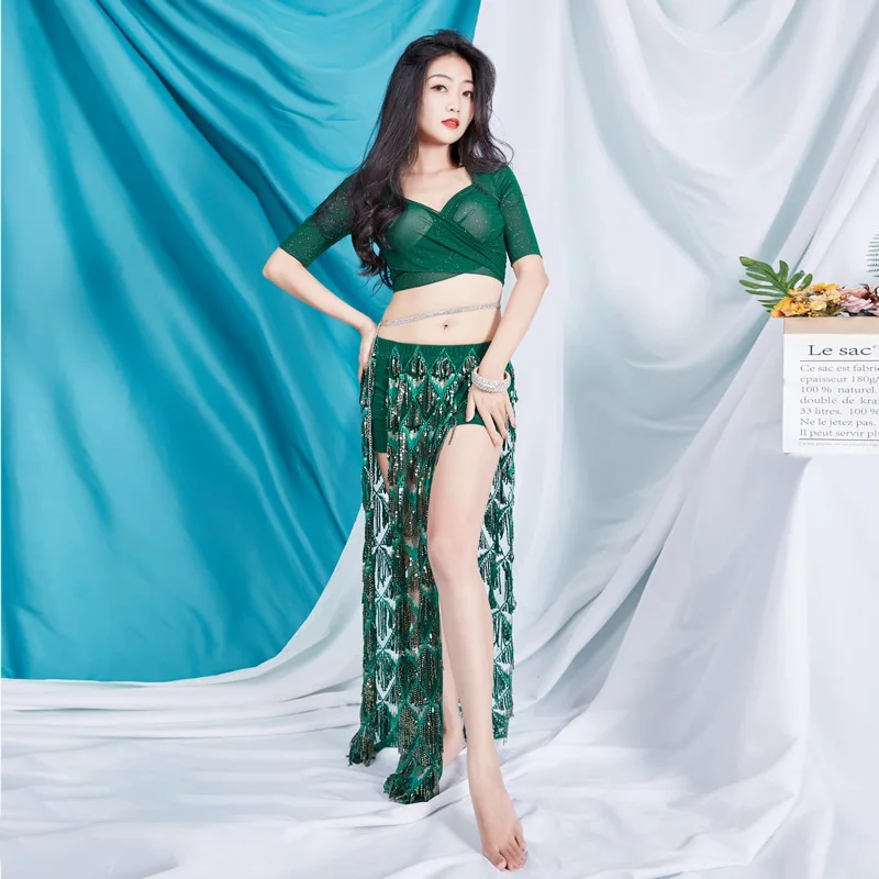 

Belly Dance Costumes Feminine Sequins Long Skirts Short Sleeves Performance Exercises Everyday Outfits Summer Outfits