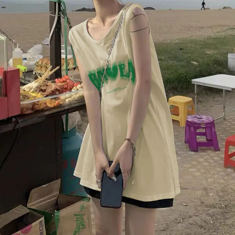 

2023 Women's Clothing Sleeveless Streetwear Solid T-Shirts Printing Office Lady Simplicity Pullovers Fashion Loose Letter O-neck