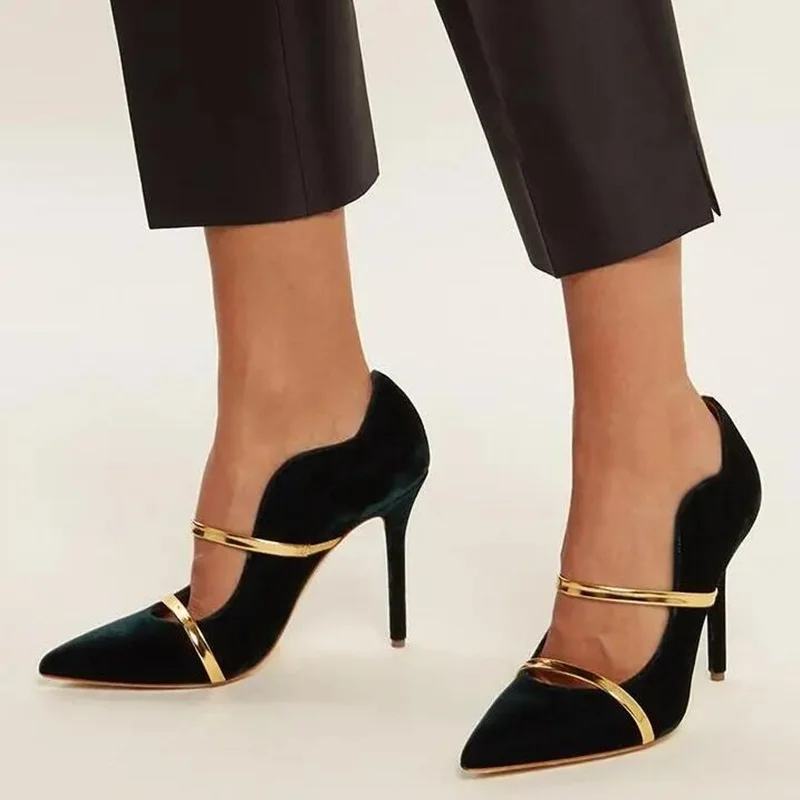 

Hot Selling Black Suede Women Pumps Pointed Toe Gold Straps Patchwork Women Shoes High Heels Cut-outs Ladies Pumps Real Photo