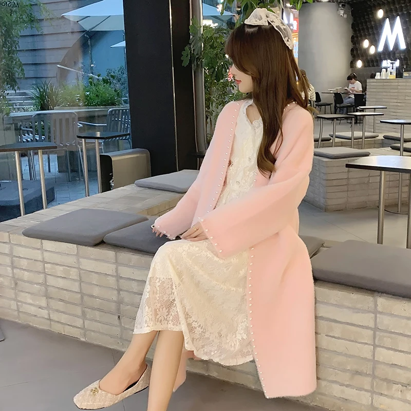 

Autumn Winter Sweet Maternity Bud Silk Dress with Lining Fashion Long Sleeve Ruffled Collar Button Fly Pregnant Women Lace Dress