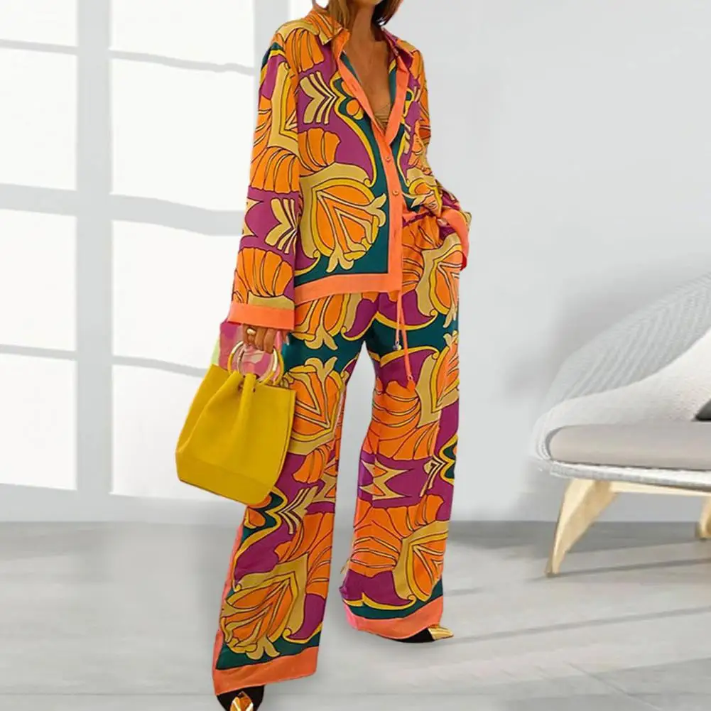 

Two-piece Set Vibrant Ethnic Style Ladies Shirt Pants Suit Wide Leg Exaggerated Pockets High Elastic Waist Youth Vacation Set