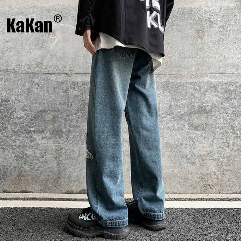 Kakan - Spring/Summer New High Street Wide Leg Jeans for Men, Vintage Retro Straight Sleeve Loose Embroidered Jeans K024-M5805