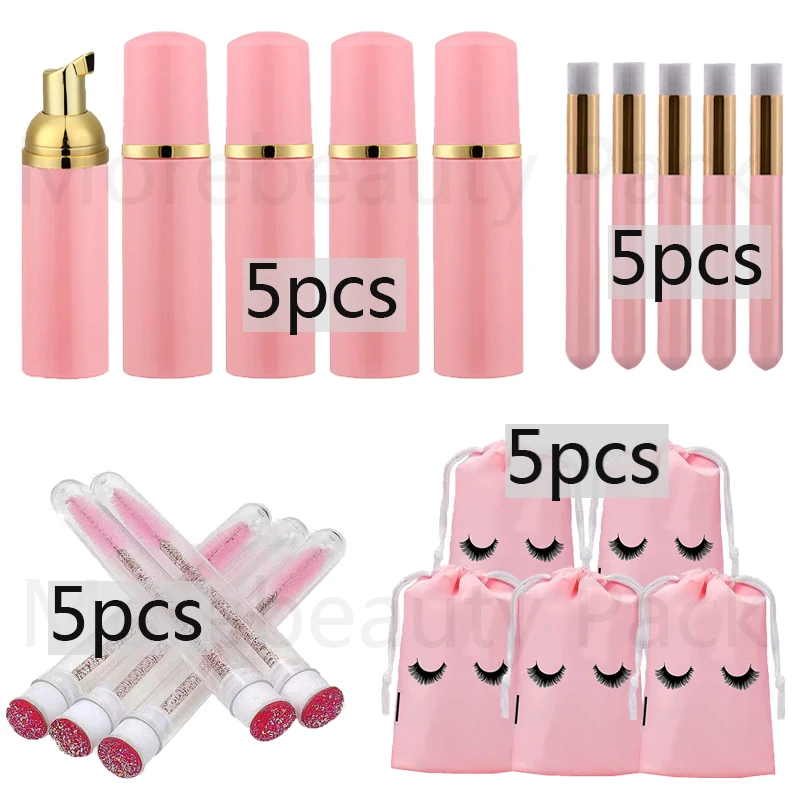 20Pcs Eyelash Cleaning Tool Set 60ml Plastic Empty Foam Pump Bottle Cleaning Brush Eyelash Wand EVA Storage Bag Skin Care Tools