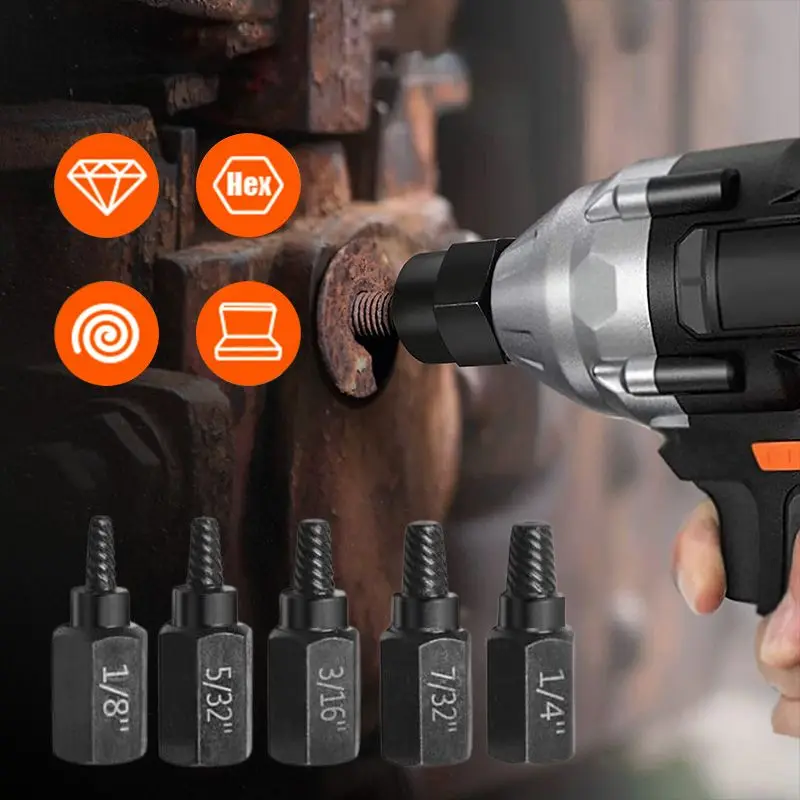 

5pcs Screw and Bolt Extractor Drill Bit Set Disassemble Screws Bolt Stud Slip Teeth Demolish Stripped Broken Remover Tools