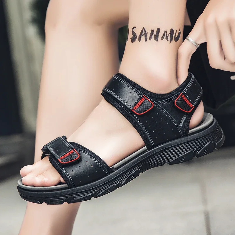 Summer Men's Leather Sandals Lightweight and Comfortable Velcro Beach Shoes Retro Extra Large Outdoor Leisure Sports Sandals