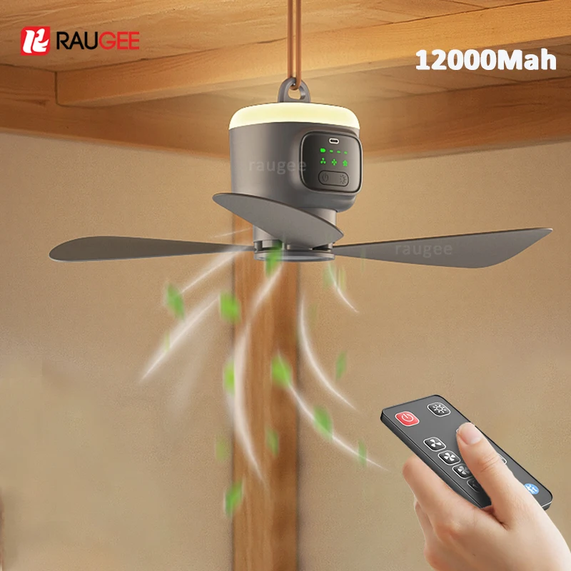 Camping Fan 12000mAh Portable Camping Tent Fan USB Rechargerable Electric Ceiling Air Circulator Fan With Remote Control Light