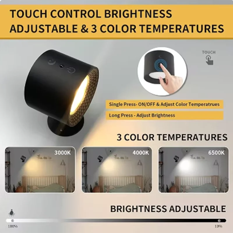 Double Head Wall Lamp Touch Control Remote 360 Rotatable USB Recharge Wireless LED Portable Night Light For Bedroom Reading Lamp