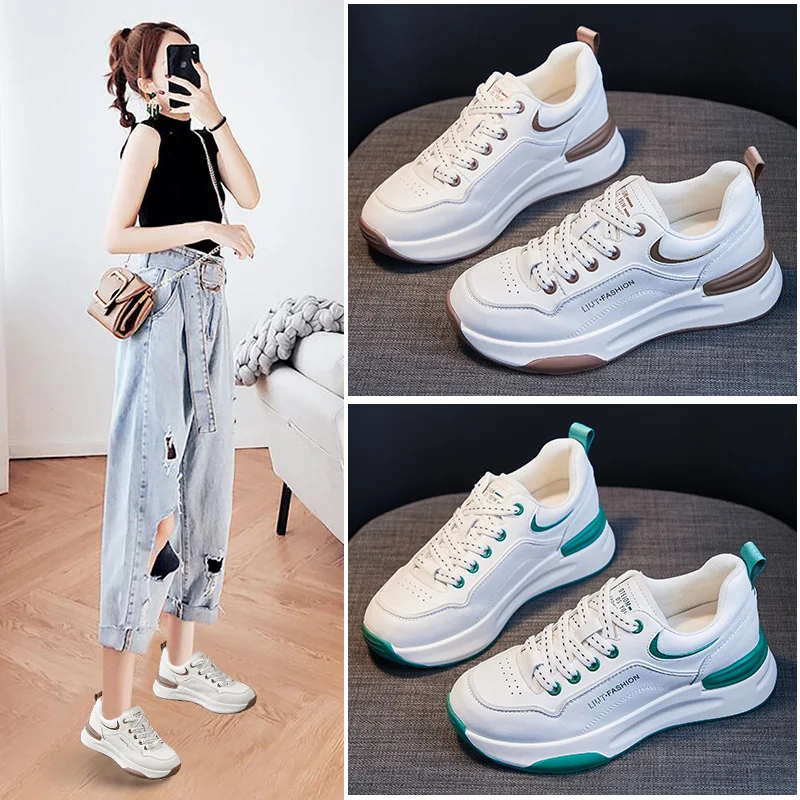 

2023 Trendy Breathable Mesh Sports Dad Casual Sneakers Running Women's genuine leather Shoes platform Women Inner raised lace-up