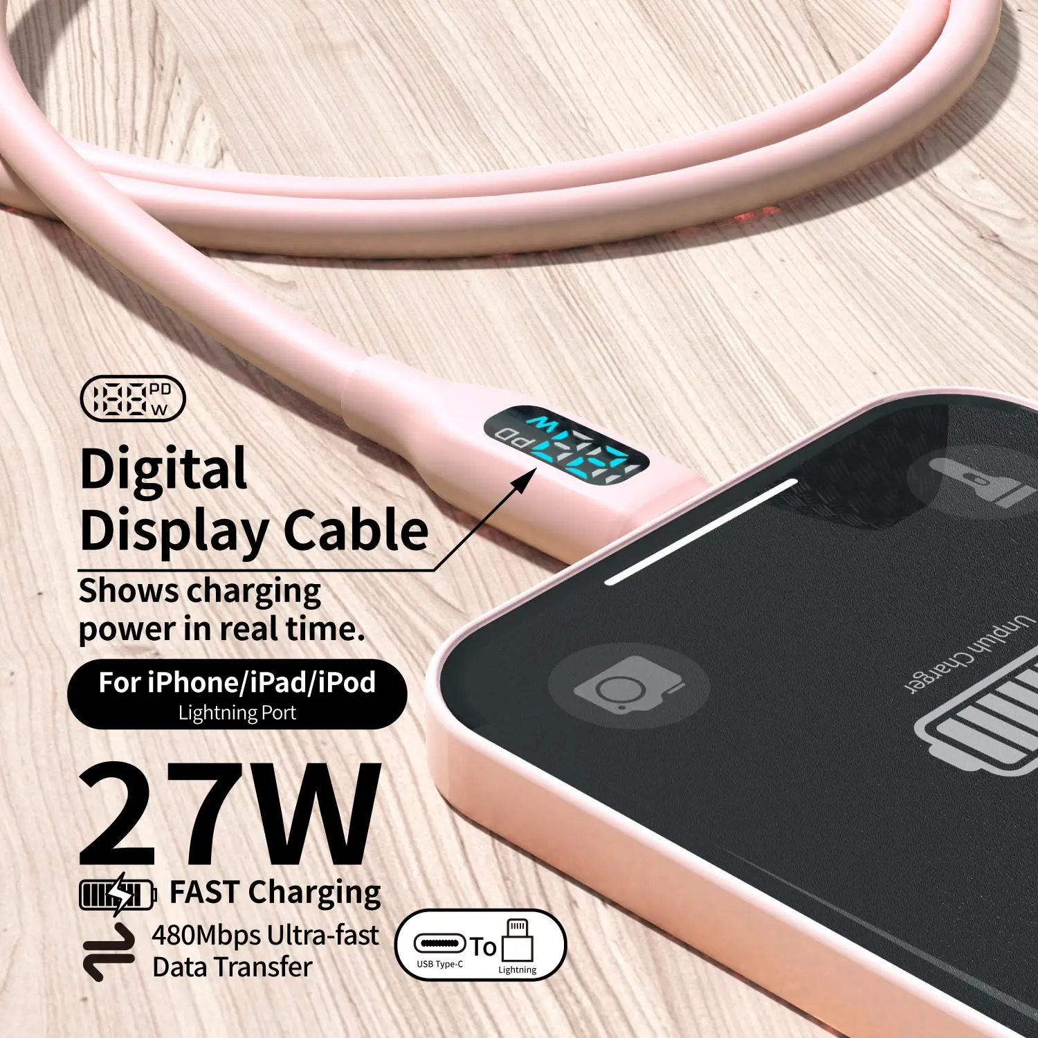MFi Certified Fast Charging USB C to Lightning Cable with LED Display - Cute Macaron Pink Silicone