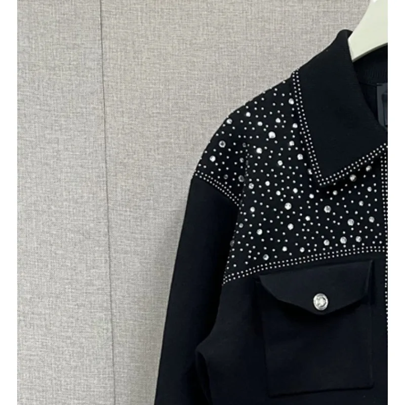 

Women Jacket Autumn and Winter New Lapel Rhinestone Topstitch Knitted Sweater