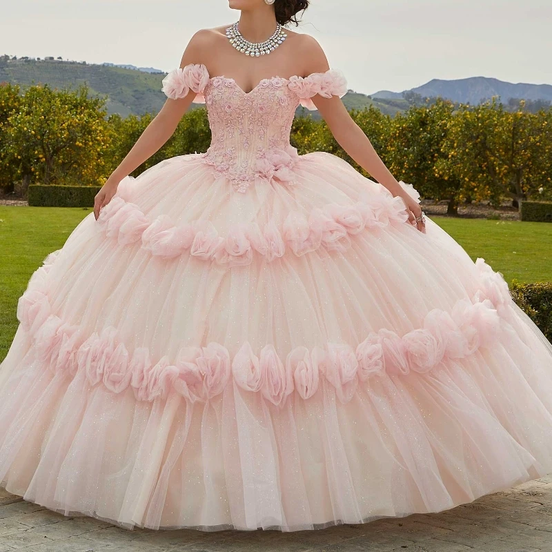 

Pink Shiny Quinceanera Dress Sweet Beading Lace Flower Tull Off the Shoulder 16 Year Old Girl Princess Birthday Party Ball Dress