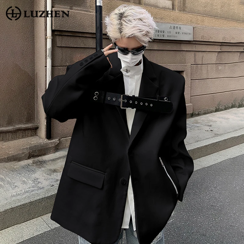 

LUZHEN 2024 новый модный кожаный блейзер с пряжкой дизайн пальто для мужчин Высокое качество Уличная Наплечная Подкладка модные куртки B2bdfd